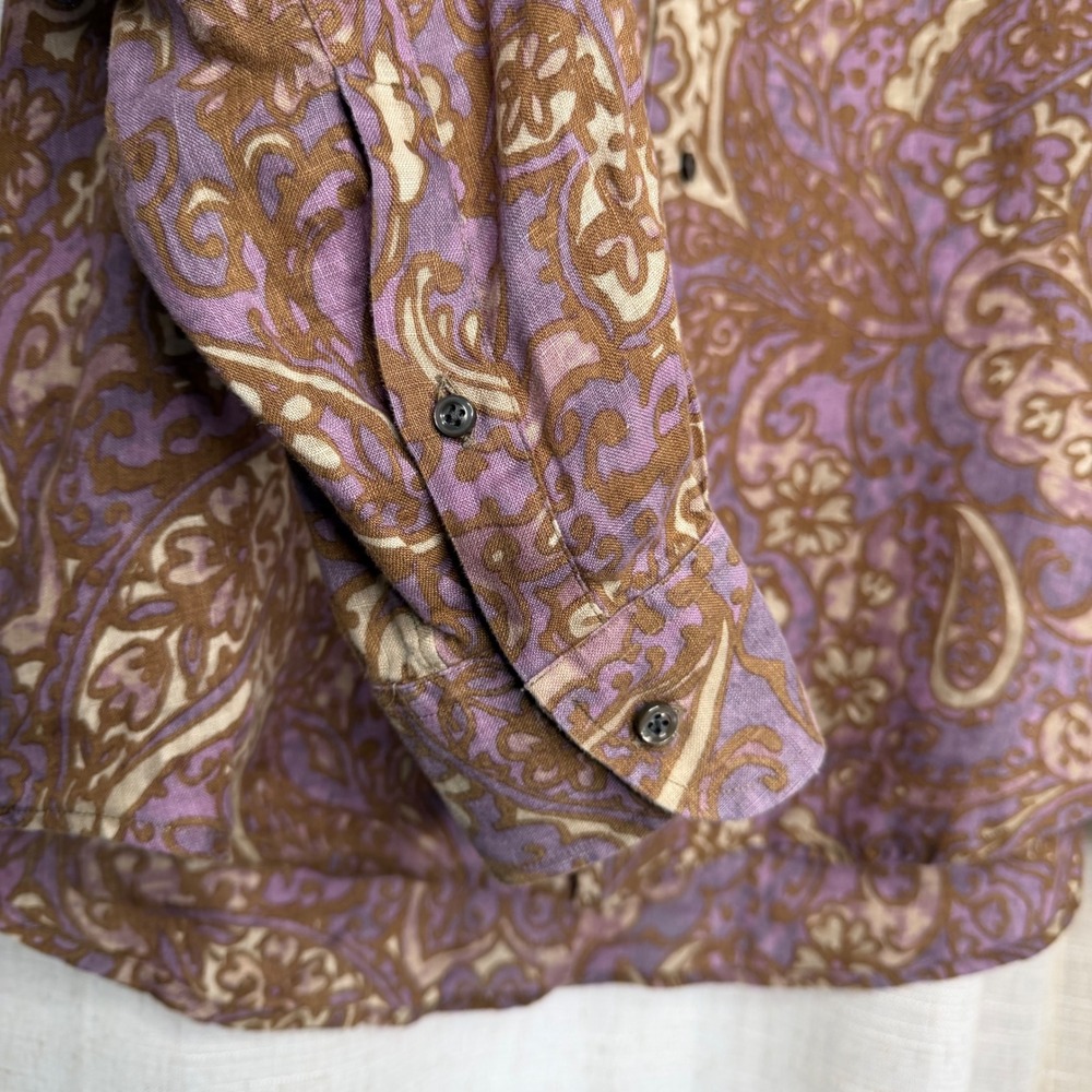 Luciano Barbera 100% Linen Button Down Shirt Purple Brown Paisley Italy LARGE - Picture 4 of 10
